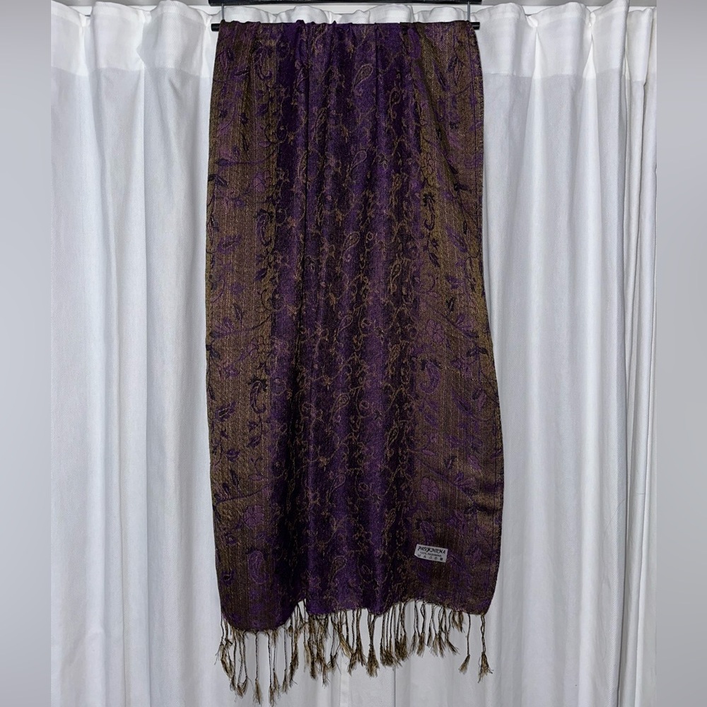 NWOT Authentic 100% Pure Pashmina Scarf Shawl - Purple & Gold Fringe